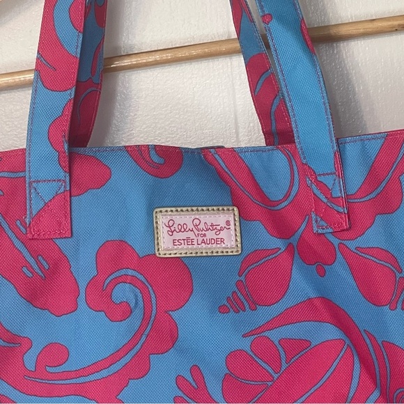 Lilly Pulitzer for Estée Lauder Canvas Tote Pink and Blue fish/ crab vacation - Picture 7 of 12